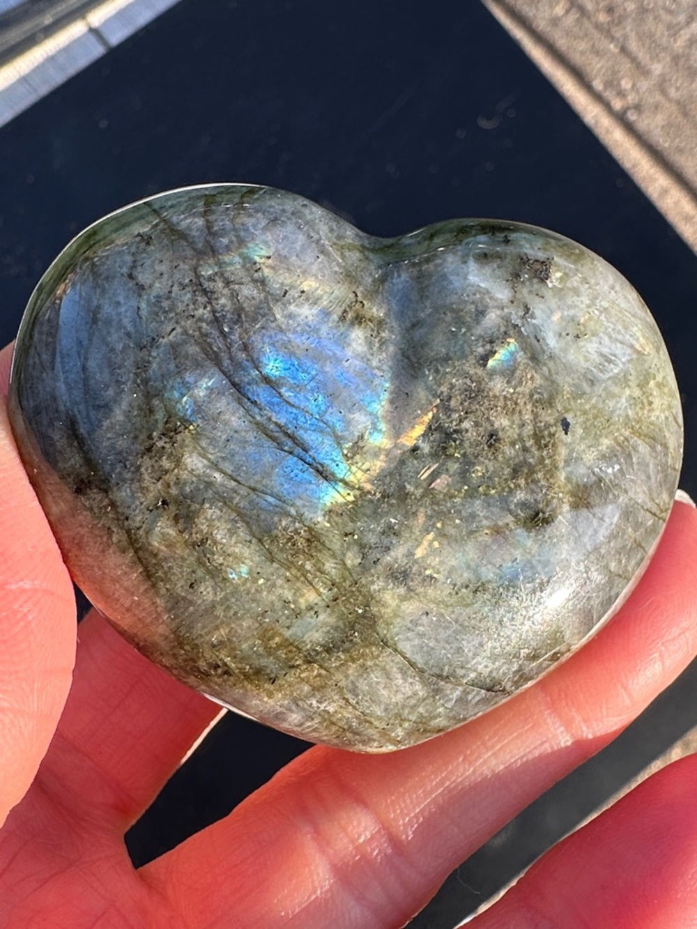 Polished Labradorite (or Phrenite?) Heart Stone - Iridescent Blue-Green Flash